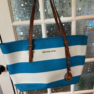 Michael Kors Turquoise & White Striped Tote with Brown Straps